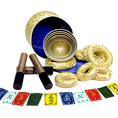 Tibetan Singing Bowl Set of 7, Om Mane Padme Hum Mantra Symbol Engraved Singing bowl, Himalayan Singing Bowl for meditation, Handmade in Nepal, Stress relief and Mindfulness