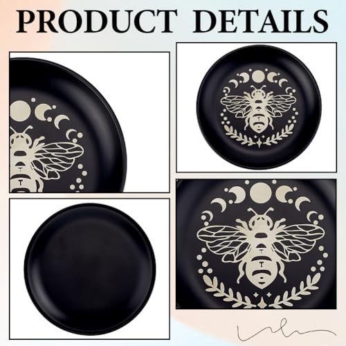 CREATCABIN Bees Phase Moon Ritual Plate Altar Flat Bowl Round Tray Prayer Offering Bowl Dish Candle Holder with Divination Card Jewelry Dish for Smudging Incense Burner Meditation Tarot 5.55Inch - style: Bees
