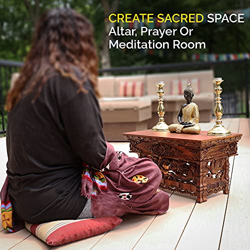 DharmaObjects Solid Indian Elm Wood Hand Carved Shrine Altar Meditation Table (Small, Dark) - size: Small