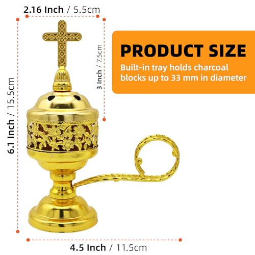 Solid Brass Color Incense Burner with Cross Lid - 6 Inch Charcoal Censer for Catholic Church, Home Altar - Thurible for Frankincense, Resin, Bakhoor