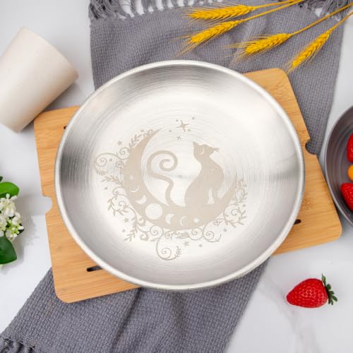 CREATCABIN Cat Moon Altar Ritual Plate Dish Stainless Steel Flat Bowl Round Silvery Tray Offering Bowl Dish Holder for Smudging Incense Burner Jewelry Dowsing Divination 5.55Inch - style: Cat Moon