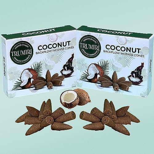 TRUMIRI Coconut Backflow Incense Cones - Total 20 Incense Cones Waterfall - Dual Pack of 10 Incense Backflow Cones - Waterfall Incense Cones - Incense Waterfall Cones - color: Coconut, size: Pack of 2 (20 Cones)
