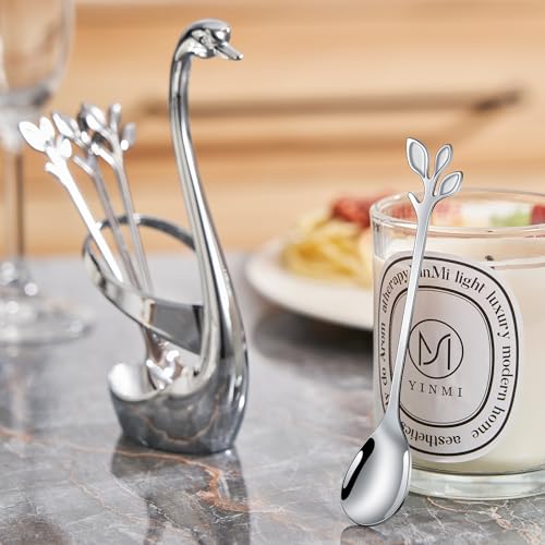 AnSaw Silver Swan Base With 10-Pcs Mini Leaf Coffee Spoon Holder Set-4.7" - color: Silver Swan