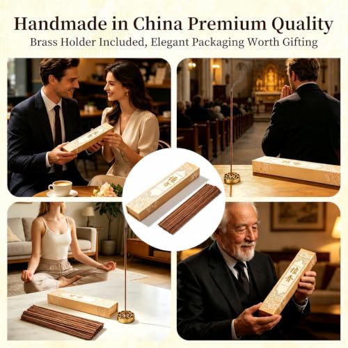Sandalwood Stick - Handmade Chinese Incense with Brass Incense Holder - Sandalwood Core Free Stick for Meditation and Yoga, Elegant Gift Set (90 pcs) - size: Sandalwood