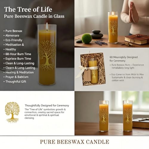 CYS-Edge Tree of Life Pure Beeswax Prayer Candle in Glass Jar, 68-Hour Burn, 1.8 x 5.9 Inch, Yellow Christian Religious Candle for Devotional Use - size: 1.8 x 6inches
