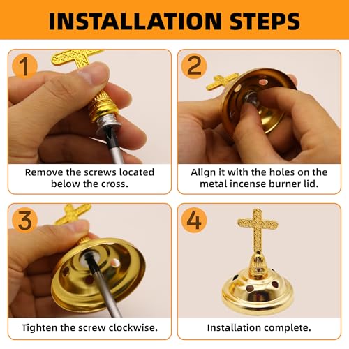 Solid Brass Color Incense Burner with Cross Lid - 6 Inch Charcoal Censer for Catholic Church, Home Altar - Thurible for Frankincense, Resin, Bakhoor