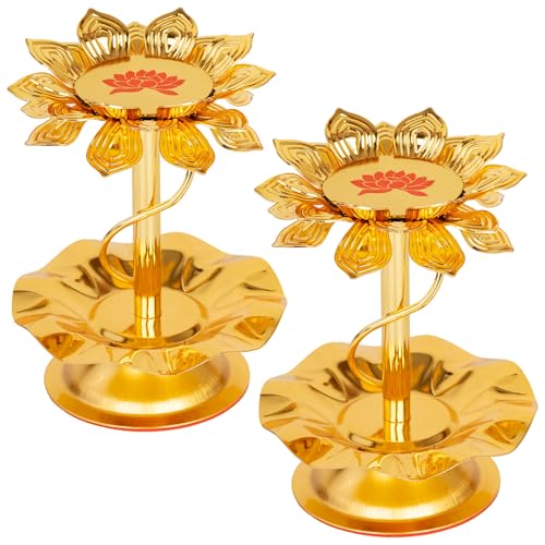 2 Pcs Lotus Candle Holder, Gold Tealight Candlestick for Table Centerpiece Wedding Party Ornament, Indian Diyas Oil Lamps for Diwali Pooja Ghee, Buddha Temple Home Decor