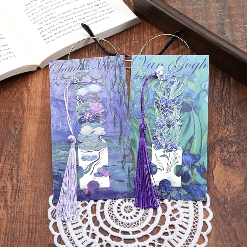 2 Metal Bookmarks with Tassel, Oil Painting Water Lilies and Irises - style: 《Water Lilies》 and 《Irises》