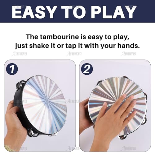 AUEAR, Double Row Jingles Handheld Tambourine Creative Wooden Drum for Adults Percussion Musical Educational (1-Pack, 8 Inch, Reflective) - color: Double Row Jingles Reflective, size: 8"
