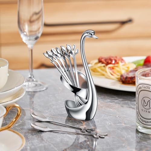 AnSaw Silver Swan Base With 10-Pcs Mini Leaf Coffee Spoon Holder Set-4.7" - color: Silver Swan