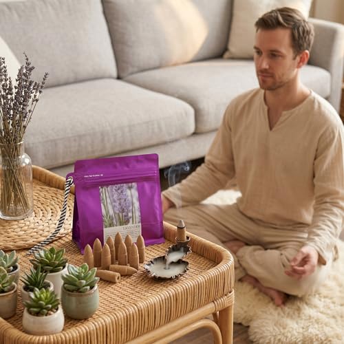Lavender Backflow Incense Cones - 50 Large Waterfall Back Flow Cones Scented - Includes 1 backflow Incense Burner