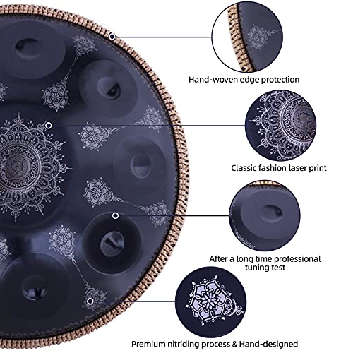 Handpan-Classic 10 Notes Black Print Hand Pan,Premium 432HZ 22 Inches D Minor Steel Handpan Drum Set,Adult's Music Steel Pan Instrument - color: Midnight Black, size: 22inch