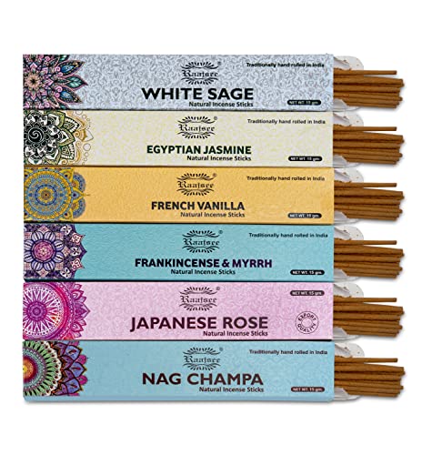 raajsee Incense Sticks 6 Pack Variety Set 15gm Each, Nag Champa- Jasmine - vanila-Japanese Rose-White Sage,100% Organic Hand Rolled- Perfect for Yoga, Meditation,Aromatherapy - color: Pack 2