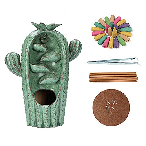 Backflow Incense Burner Holder Cactus Porcelain Waterfall Gift Set