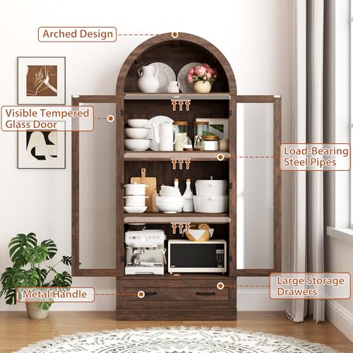 75" Tall Arched Kitchen Pantry Cabinet w Load-Bearing Steel Pipe,Modern Farmhouse Kitchens Storage Cabinet with Drawer and Glass Doors,Tall Arched Bookcase,Pantry Organizer(Rustic Brown) - color: Rustic Brown