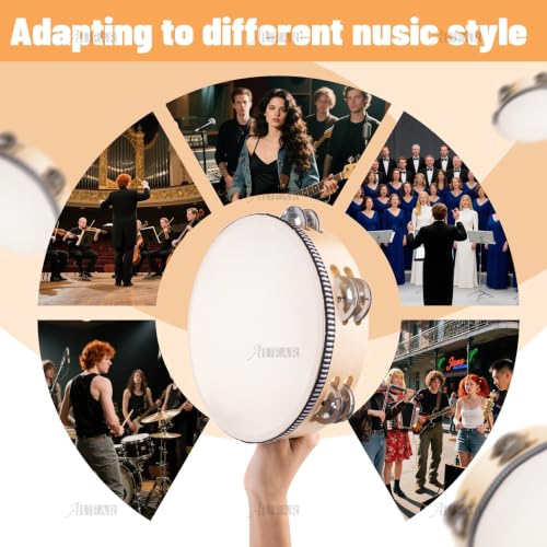 AUEAR, Double Row Jingles Handheld Tambourine Creative Wooden Drum for Adults Percussion Musical (1-Pack, 8 Inch) - color: Double Row Jingles, size: 8"