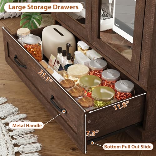 75" Tall Arched Kitchen Pantry Cabinet w Load-Bearing Steel Pipe,Modern Farmhouse Kitchens Storage Cabinet with Drawer and Glass Doors,Tall Arched Bookcase,Pantry Organizer(Rustic Brown) - color: Rustic Brown