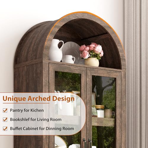 75" Tall Arched Kitchen Pantry Cabinet w Load-Bearing Steel Pipe,Modern Farmhouse Kitchens Storage Cabinet with Drawer and Glass Doors,Tall Arched Bookcase,Pantry Organizer(Rustic Brown) - color: Rustic Brown