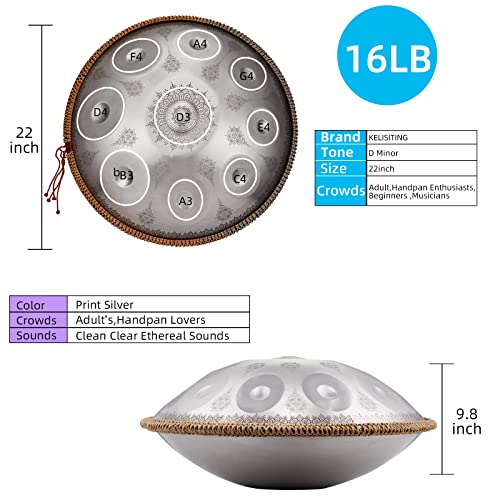 Handpan-Premium 432HZ 22 Inches 10 Notes D Minor Steel Hand Pan Drum Set,Silver Print Adults Handpan Drum - color: Moonlight Silver, size: 22inch