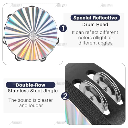 AUEAR, Double Row Jingles Handheld Tambourine Creative Wooden Drum for Adults Percussion Musical Educational (1-Pack, 8 Inch, Reflective) - color: Double Row Jingles Reflective, size: 8"