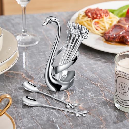 AnSaw Silver Swan Base With 10-Pcs Mini Leaf Coffee Spoon Holder Set-4.7" - color: Silver Swan