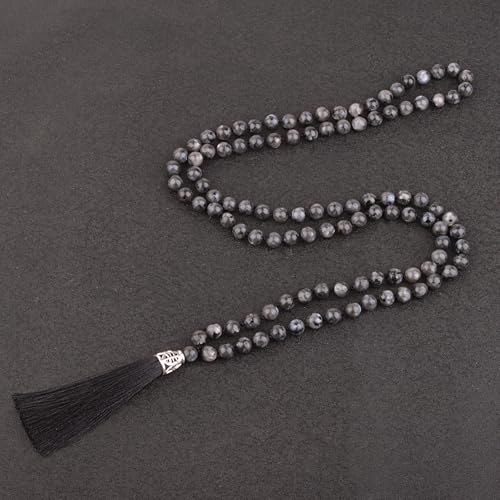 KIKILA Mala Beads 108 Natural Stone GemStones Japamala Yoga Meditation Hand Knotted Beaded Tassel Necklace for Women Men - style: Labradorite