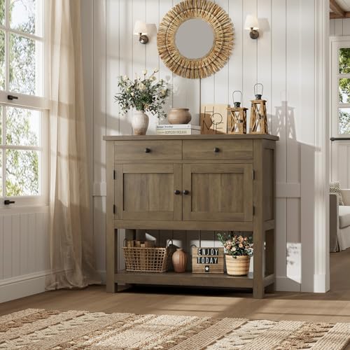 HOSTACK Farmhouse Console Table with Storage, Entryway Table, Rustic Brown - color: Rustic Brown