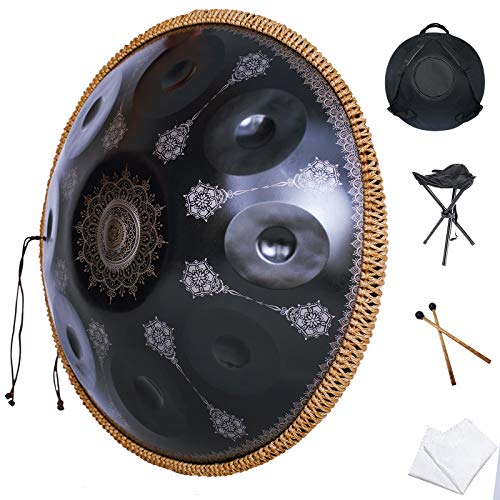 Handpan-Classic 10 Notes Black Print Hand Pan,Premium 432HZ 22 Inches D Minor Steel Handpan Drum Set,Adult's Music Steel Pan Instrument - color: Midnight Black, size: 22inch