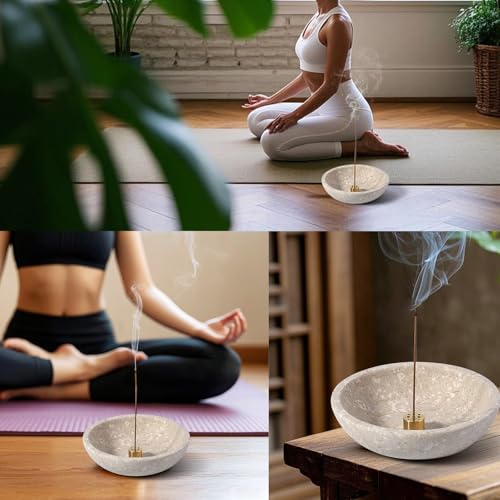 Koville Natural Marble Incense Holder, Incense Holder for Sticks with 9 Holes, Handmade Incense Burner Ash Catcher for Meditation Yoga SPA, Balsam Fir/Palo Santo/Sage/Cone (RoyalBeige) - color: D=150-royalbeige