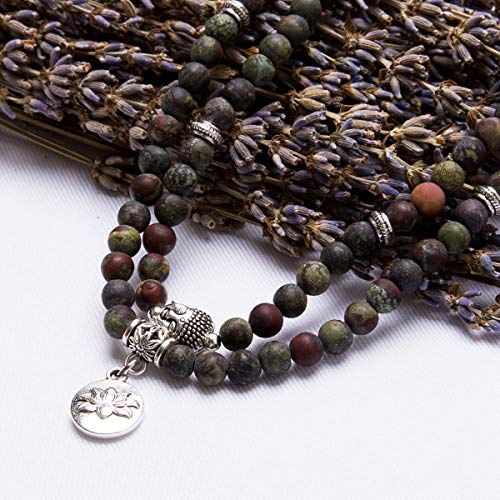 Bivei 108 Mala Beads Necklace Long Beaded Wrap Bracelets Genuine Gemstone Mala Prayer Beads Lotus Buddha Charm Yoga Meditation Necklace - color: Bloodstone-Lotus OM-Buddha