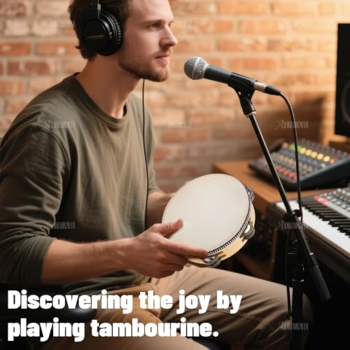 AUEAR, Double Row Jingles Handheld Tambourine Creative Wooden Drum for Adults Percussion Musical (1-Pack, 8 Inch) - color: Double Row Jingles, size: 8"