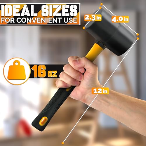16 Oz Rubber Mallet Hammer, Double-Face Head, Anti-Vibration Handle - color: Yellow