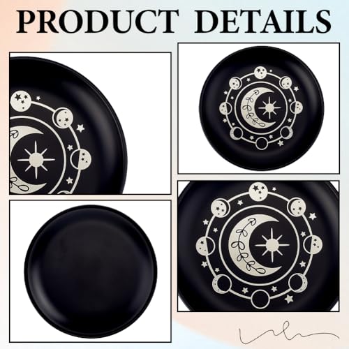 CREATCABIN Phase Moon Star Offering Bowl Altar Ritual Plate Stainless Steel Flat Bowl Round Tray Prayer Dish Candle Holder with Card Black Jewelry Dish for Smudging Incense Burner Decoration 5.55Inch - style: Phase Moon Star-61C