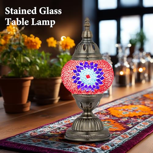 Marrakech Turkish Mosaic Lamp Stained Glass Table Lamp with Tiffany Style - color: Red