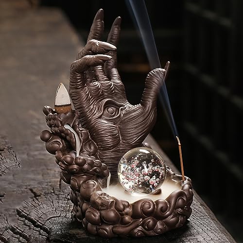 Buddha Hand Series Backflow Incense Burner Skull Incense Waterfall Holder Smoke Indoor Creative LED Ceramic Incense Cone Incense Burner Decoration Incense Burner Ornamen for Home Office Yoga Temple
