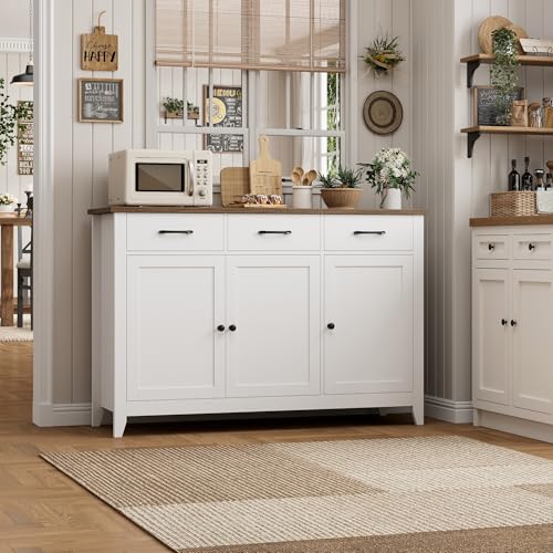 HORSTORS 47" W Kitchen Buffet Sideboard Cabinet with Storage Drawers, White - color: White