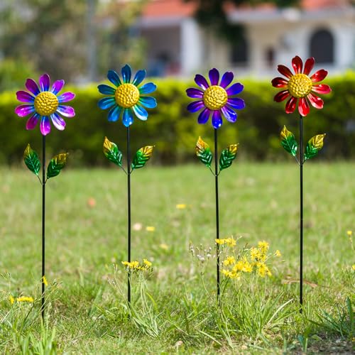 4 Pack Wind Spinner Outdoor,Waterproof Metal Flowers Windmill - size: Sunflowers-4Pack