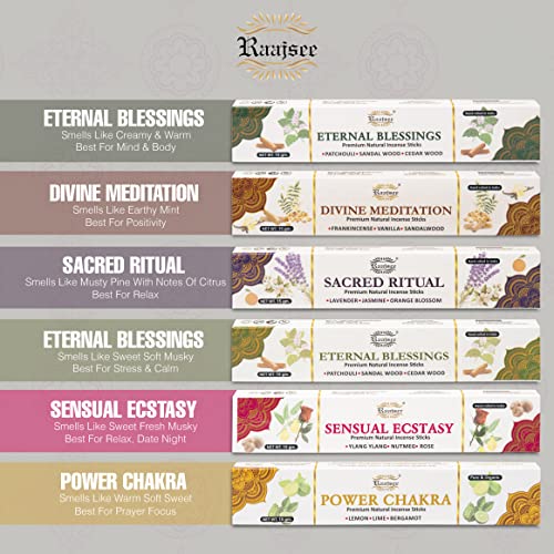 Raajsee Natural Incense Sticks,6 Pack Mixed Scents Gift Pack 15 gm Each (90 gm Total), Insense Sticks Variety Pack, 100% Organic Non Toxic Natural - Hand Rolled Free from Chemicals - color: Aromatherapy Collection