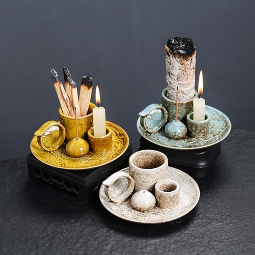 4 in 1 Ceramic Incense Burner Holder with Handle for Burning Sage, Palo Santo Stick, Joss Sticks, Candle in Your New House, Office, Yoga, Meditation Room (Yellow) - color: Yellow