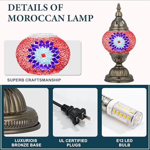 Marrakech Turkish Mosaic Lamp Stained Glass Table Lamp with Tiffany Style - color: Red