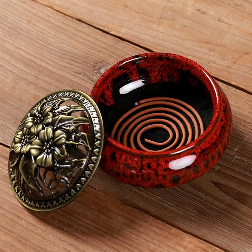 Incense Burner with Calabash Incense Stick Holder - Porcelain Charcoal Censer for Use with Resin Granular Powder Cone or Coil Incense (Fambe Red) - color: Fambe Red