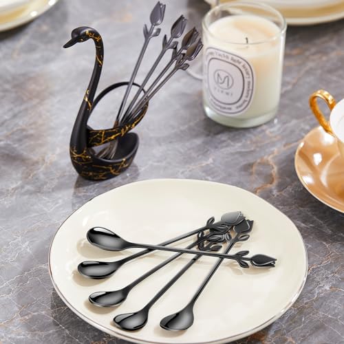Black Swan Base With 12 Pcs Coffee Spoon Holder Set - 6" - color: Black Swan Set