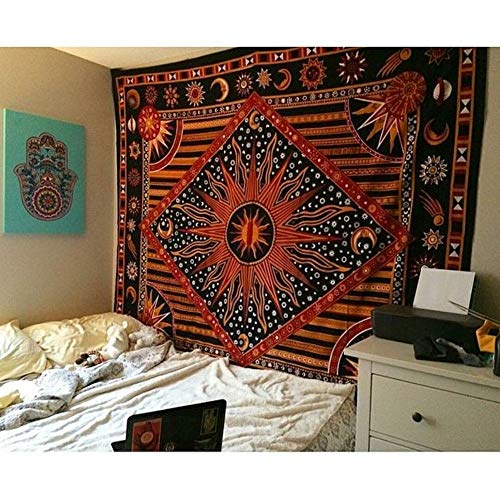 Hippie Mandala Sun and Moon Maditation Poster Wall Hanging Tapestry For Bedroom Indian Golden Burning Sun Stars Psychedelic Popular Mystic Beach Blanket 54 x 60 Inch - color: Golden, size: 60"L x 54"W
