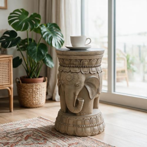 ZOEJADE Maharajah Elephant Lotus Statue Good Luck Garden Stool Side Table