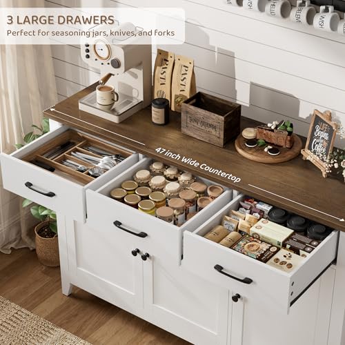 HORSTORS 47" W Kitchen Buffet Sideboard Cabinet with Storage Drawers, White - color: White