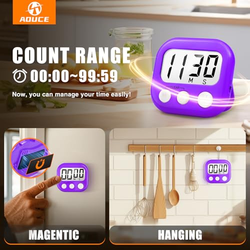 AOUCE Digital Kitchen Timers for Cooking, Timer for Kids 2 Pack Purple - color: Purple