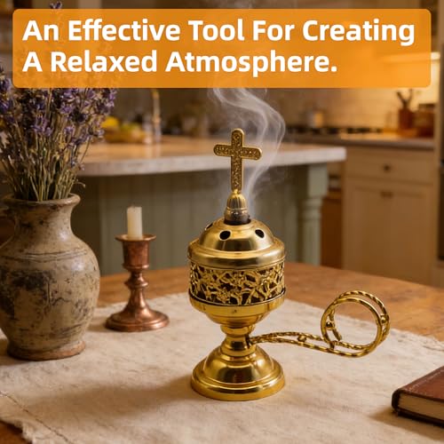 Solid Brass Color Incense Burner with Cross Lid - 6 Inch Charcoal Censer for Catholic Church, Home Altar - Thurible for Frankincense, Resin, Bakhoor
