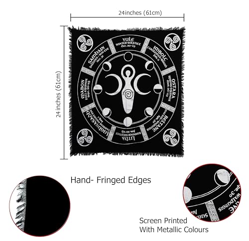 Indian Consigners Triple Moon Altar Cloth – Wiccan Sabbat Wheel with Moon Phases – Celestial Black Cotton Tarot Table Cover for Pagan Rituals, Witchcraft & Sacred Space - color: Black-silver, size: 24" x 24" (Square)