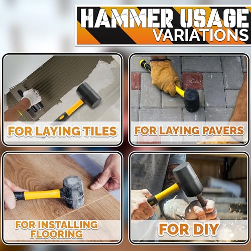 16 Oz Rubber Mallet Hammer, Double-Face Head, Anti-Vibration Handle - color: Yellow