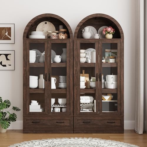 75" Tall Arched Kitchen Pantry Cabinet w Load-Bearing Steel Pipe,Modern Farmhouse Kitchens Storage Cabinet with Drawer and Glass Doors,Tall Arched Bookcase,Pantry Organizer(Rustic Brown) - color: Rustic Brown